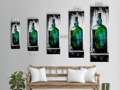 Green Glass Bottle, Modern Still Life, Minimalist Art, Contemporary Home Decor, Framed Canvas Print, Kitchen Wall Art, Vibrant Artwork
