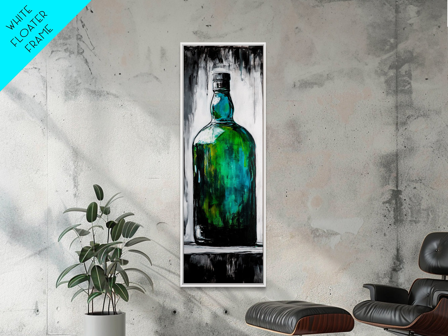 Green Glass Bottle, Modern Still Life, Minimalist Art, Contemporary Home Decor, Framed Canvas Print, Kitchen Wall Art, Vibrant Artwork