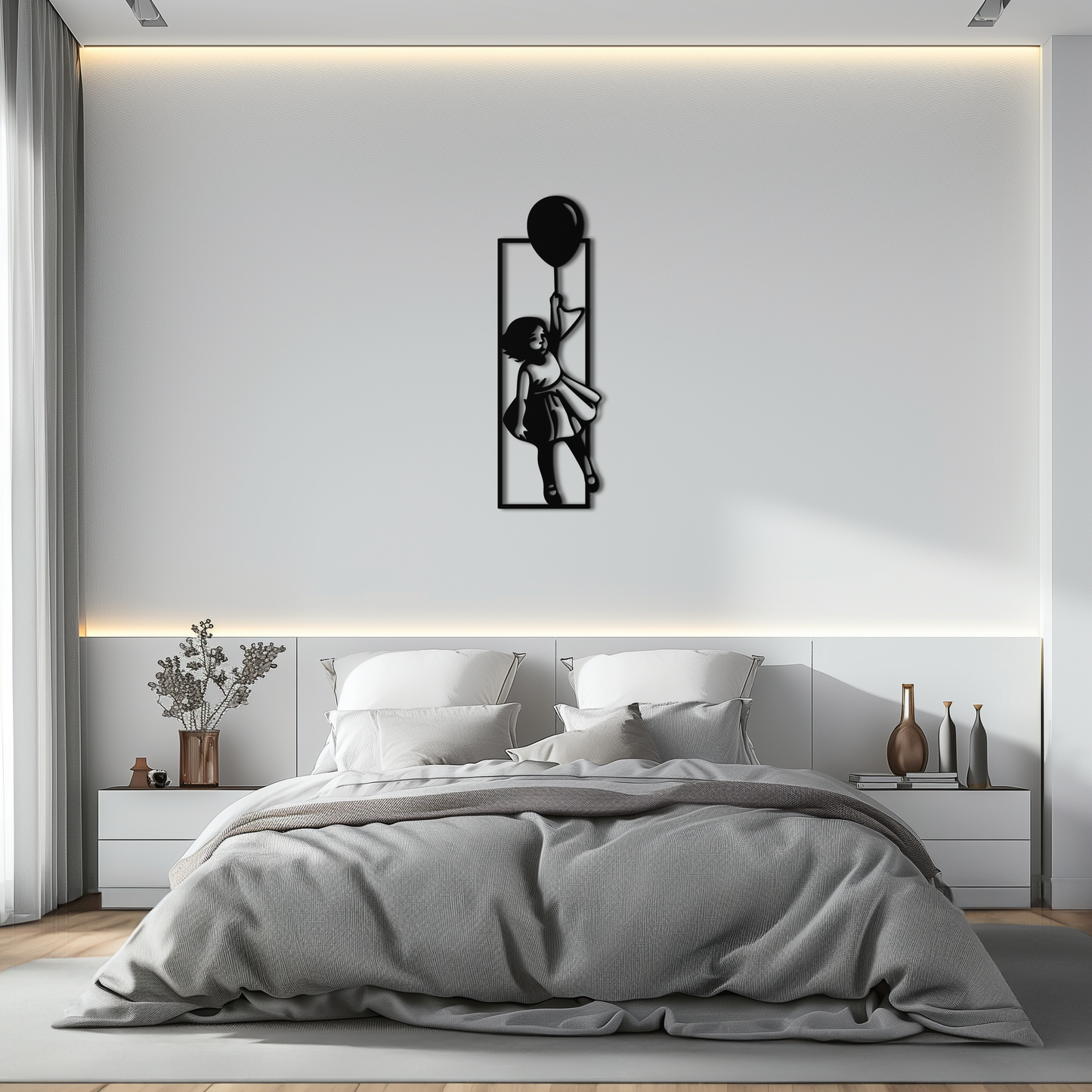 Balloon Girl Silhouette Metal Wall Art – Whimsical Modern Home Decor- KAF563